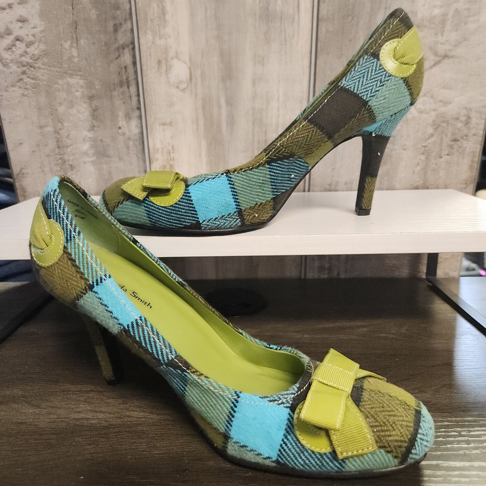 Amanda Smith Pumps Womens 8.5M Blue Green Plaid Bow Heel Preppy Academia